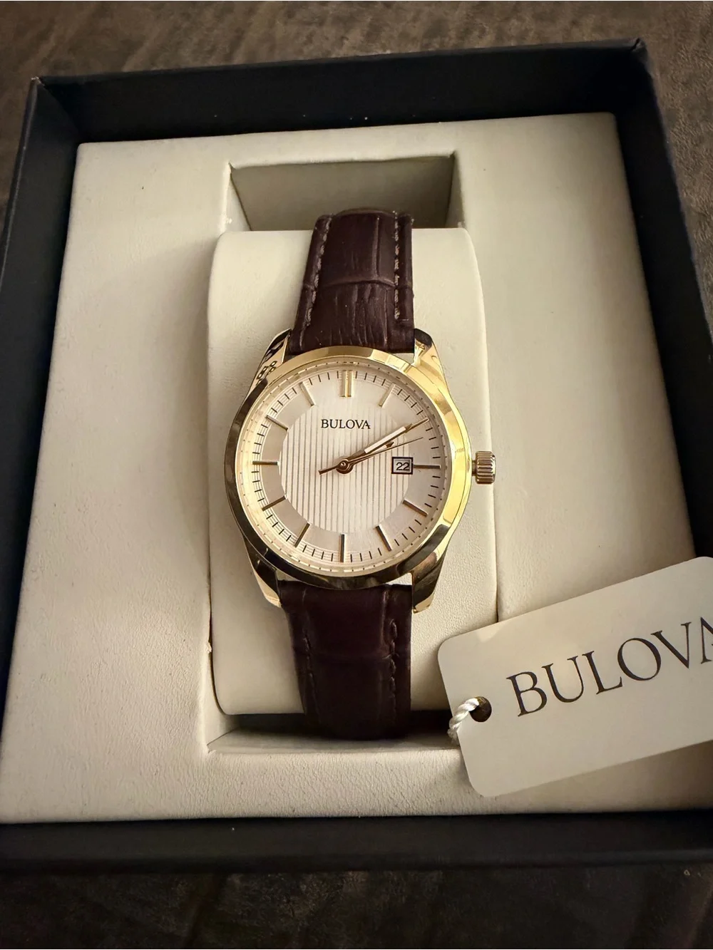 Bulova Gold-Tone Women's Watch with White Dial and Brown Leather Strap